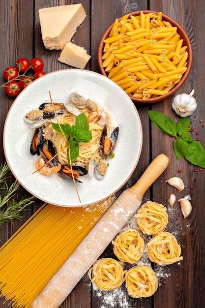 Top view of a cooked served dishes of restaurant's menu