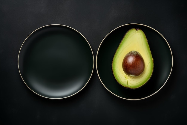 Top view copy space cut in half avocado on a black plate on a dark green background