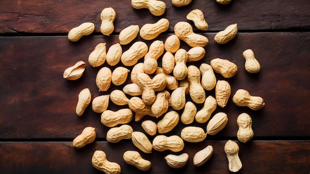 Top view copy space peanuts in shell on a wooden table