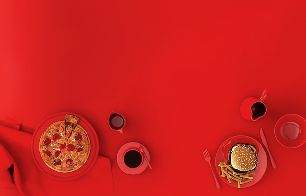 Top view of copy space with food on red table