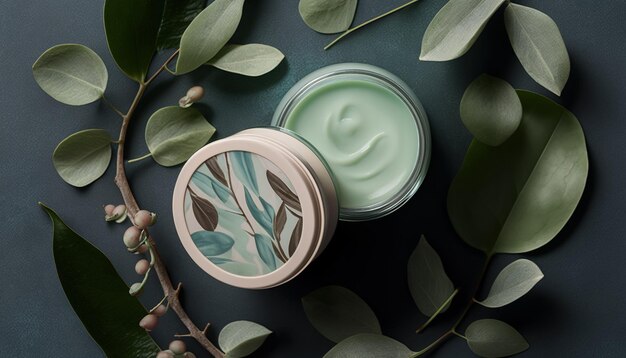 Top view cosmetic cream jars with cosmetic cream and green leaves on table