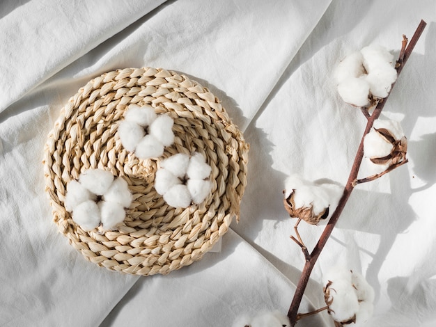 Top view cotton flowers on white sheet