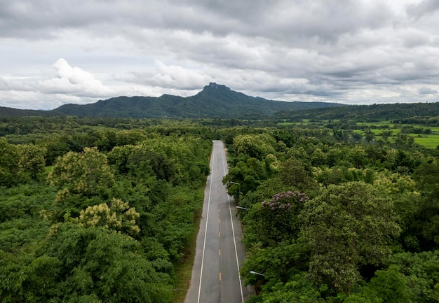 Vista dall'alto della strada di campagna che passa attraverso la foresta verde e montagna