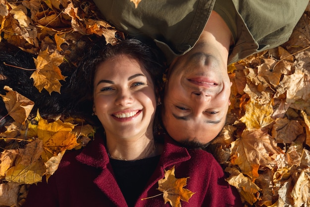 Top view of couple laying in autumn leaves. Love and happiness concept.
