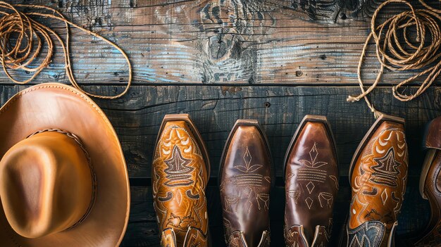 Top view of cowboy hat and boots with lasso rope on wooden background