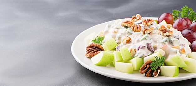 Top view of a craft plate with a readytoeat Waldorf salad on a gray background The American