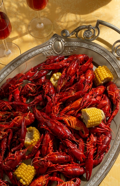 Photo top view crawfish and corn still life