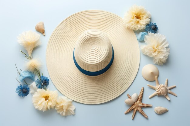 Top view of a cream backdrop adorned with a summer fashion ensemble which includes blue flip flops a seashell a wooden bracelet and a straw hat the arrangement is presented in a flat lay style