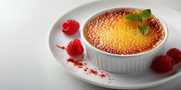 Photo top view of cream brulee on a white backdrop with a big space for text or product advertisement generative ai