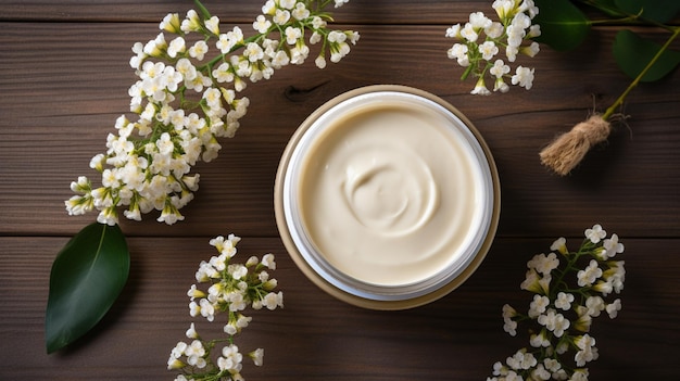 top view of cream with flowers on neutral background Spa concept