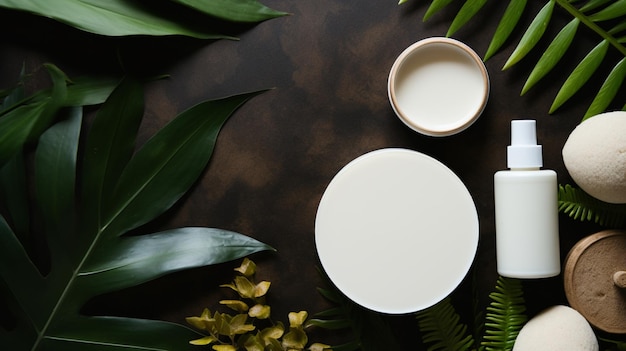 top view of cream with flowers on neutral background Spa concept