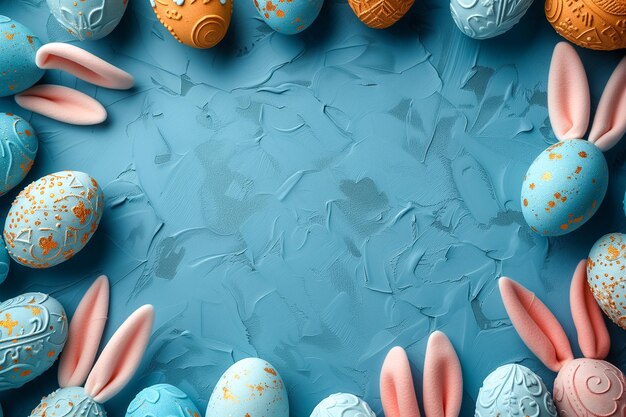 Foto vista superiore di uova di pasqua creative con orecchie di coniglio su sfondo blu spazio per carta di pasqua di testo
