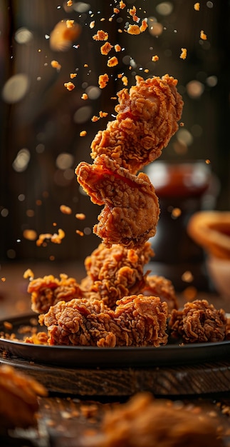 Top view of crispy fried chicken wing on black background