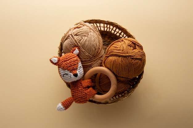 Top view crochet plush still life