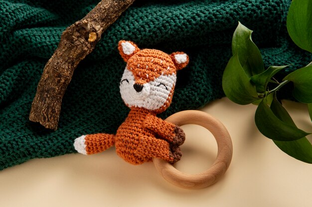 Top view crochet plush still life