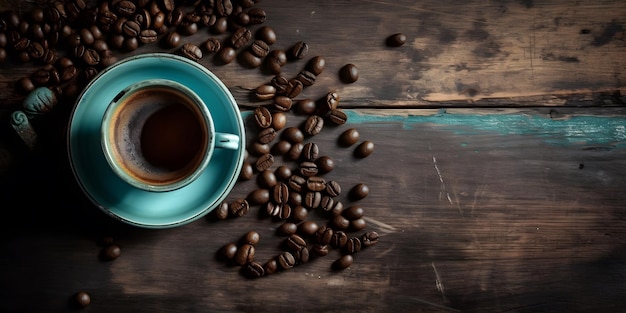 어두운 배경 Generative Ai의 자루에 커피와 커피 콩이 있는 파란색 점토 컵의 상위 뷰