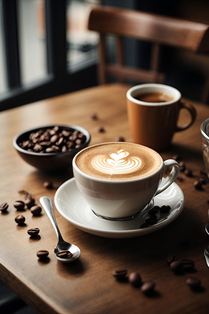 top view of cup of cappuccino near coffee beans and spoon on table in cafe