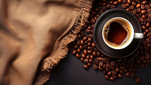 top view cup of coffee and coffee beans next to cloth on dark background