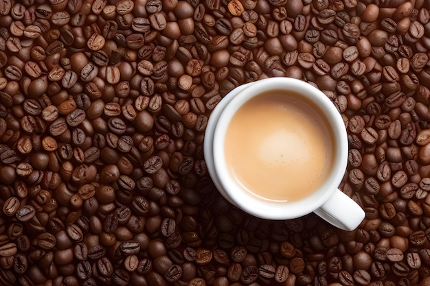 A top view of cup of coffee and coffee beans perfect composition