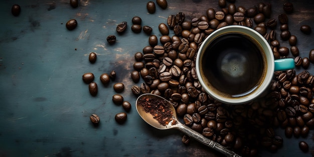 Top view of Cup of coffee and coffee beans in a sack on dark background Generative Ai