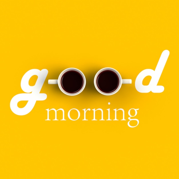 Photo top view of a cup of coffee in the form of good morning isolated on yellow background