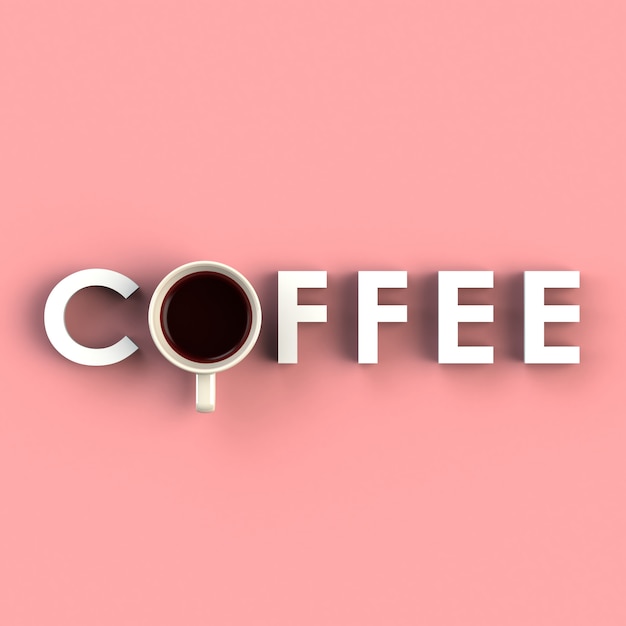 ピンクの背景で隔離された文字の形でコーヒーのカップの上の眺め