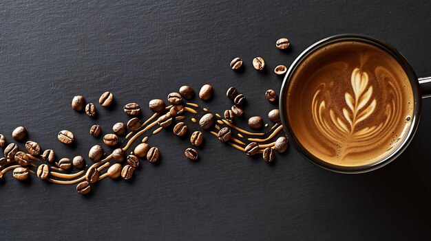 Photo top view of a cup of coffee with a beautiful latte art design and coffee beans scattered on the table