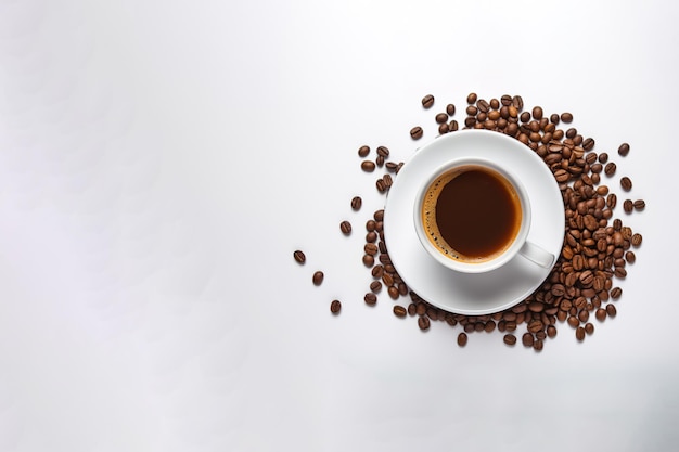 Top view a cup of coffee with coffee beans around isolated on white background with copy space