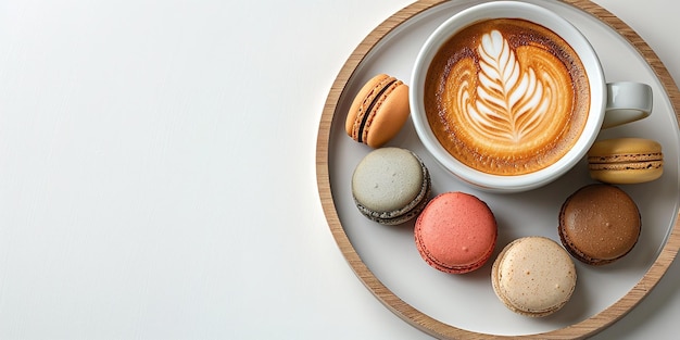 Top view of a cup of coffee with macarons on a wooden tray with a big space on a clean white surface for text or product Generative AI