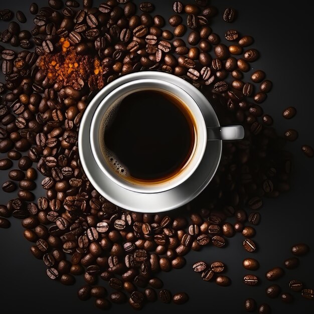 Top view cup of coffee with roasted beans