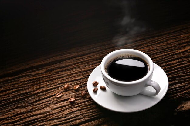 Top view of cup of coffee with smoke and coffee beans on old wooden table	