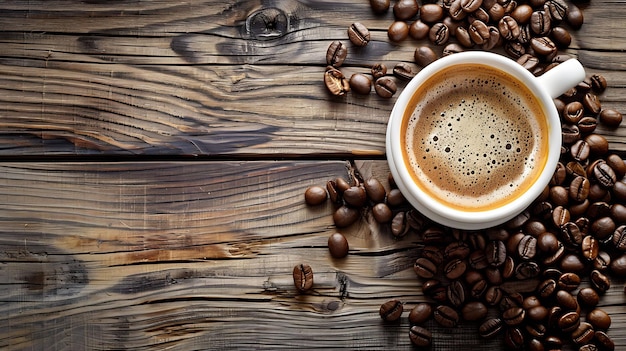 Photo top view of a cup of coffee on a wooden table coffee beans are scattered around the cup