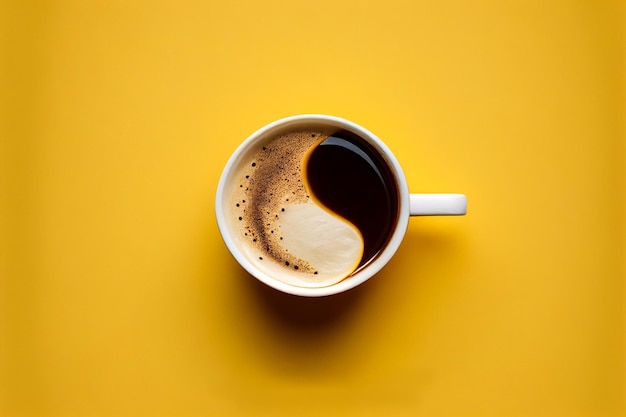 黄色の背景にエスプレッソ コーヒーのトップ ビュー カップ。