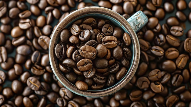 Foto vista superiore di una tazza piena di chicchi di caffè arrostiti su una superficie scura