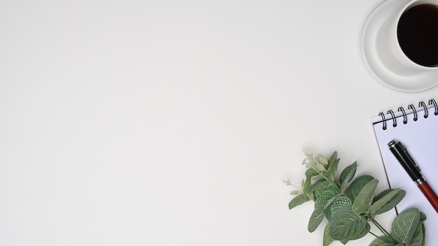 Top view cup of hot coffee notebook and plant on white background with copy space