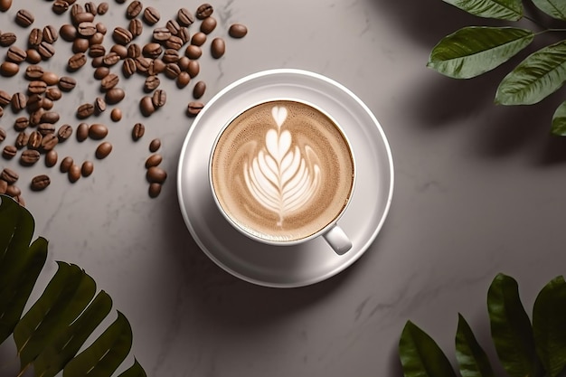 Вид сверху на чашку горячего кофе с пеной из художественных листьев в кафе