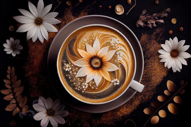 Top view of cup of latte with floral art inside