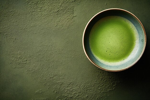 Photo top view of cup of matcha tea on plate