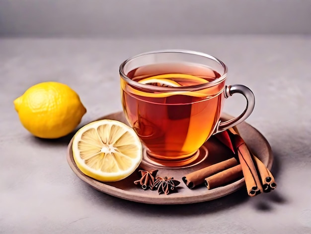 Top view cup of tea with cinnamon and lemon on light