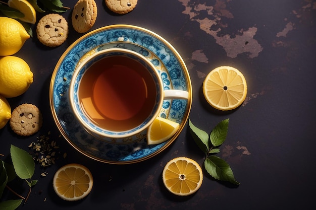 어두운 배경의 차 달 ⁇ 한 색상의 사진에 쿠키와 레몬을 가진 차 컵의  ⁇ 보기