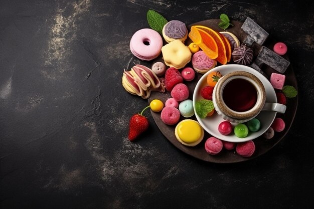 Photo top view cup of tea with different candies and cake slices on dark