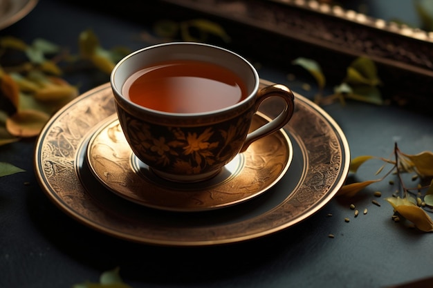 Top view cup of tea with dry leaves