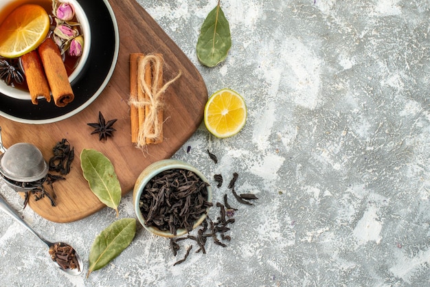 Top view cup of tea with lemon on white background flower ceremony morning flavor fruit breakfast food color