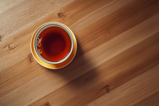 Top view of a cup of tea with tea bag on wooden table