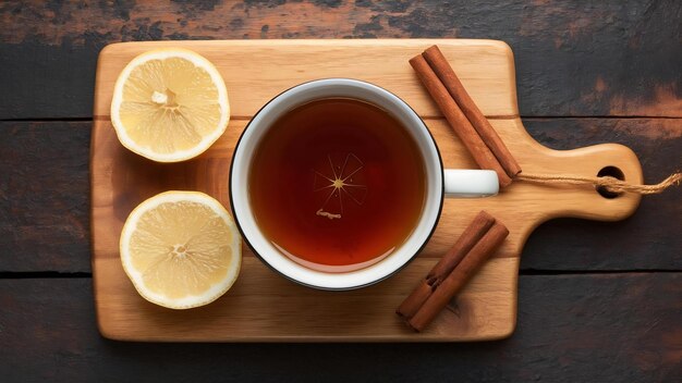 Top view of a cup of tea on wooden kitchen board with lemonnd cinnamon stick on wood