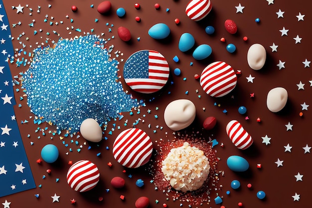 Top view of cupcakes on plate with american flags and statue of liberty Generative Ai