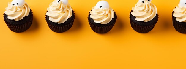 Top view of cupcakes with cream on yellow background