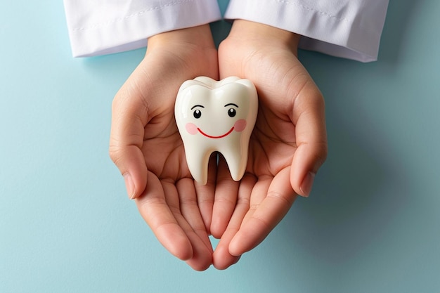 Foto vista dall'alto di un simpatico dente giocattolo in mano al medico