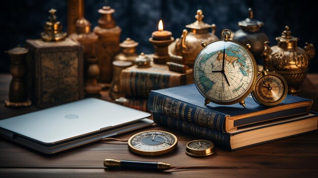 Photo top view dark and black background with laptop and book and learning geography