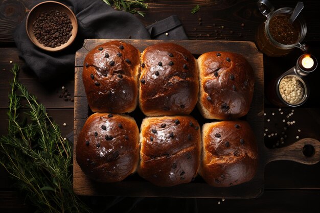 Top view dark bread loafs on dark desk